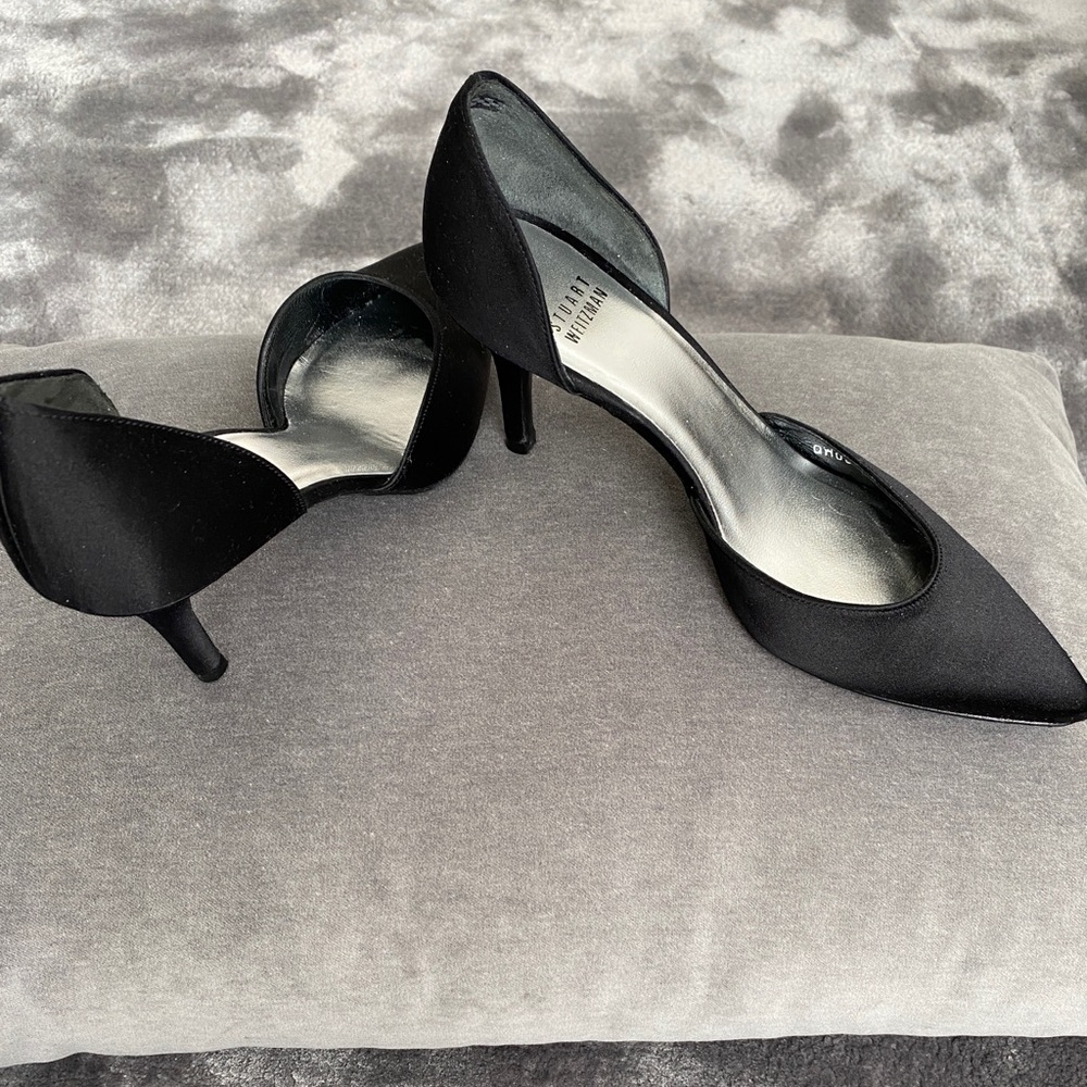 STUART WEITZMAN "Twice" Black Satin d'Orsay Evening Pumps Size 7 1/2